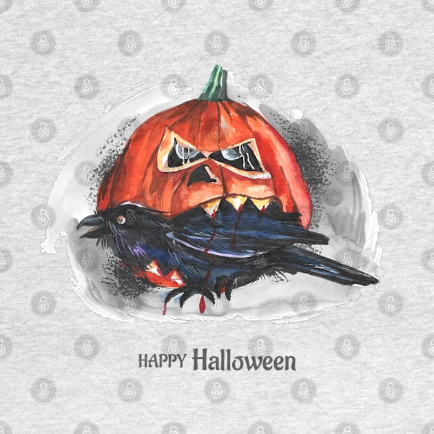 Happy Halloween Pumpkin Eating Raven by Mako Design 